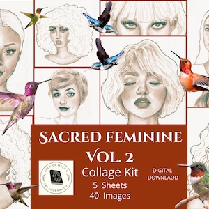 Sacred Female Vol. 2, digitale download, collagegezichten, kolibries, benodigdheden voor kunstjournaling, junkjournaalkit