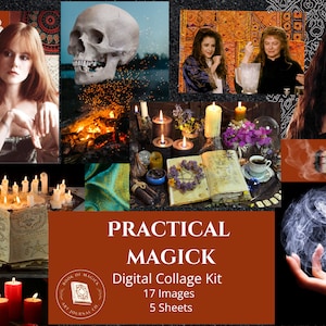 May include: A digital collage kit with 17 images and 5 sheets, featuring a variety of witchy and mystical imagery, including candles, a skull, a book of spells, and a woman with long dark hair. The text "PRACTICAL MAGICK" is displayed in a bold font on a brown background.