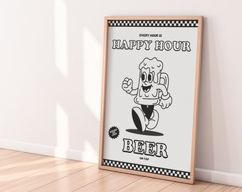 Retro Beer Print | Happy Hour, Retro Kitchen Prints, Vintage Print, Dining Room Print, Beer Lover, Bold Wall Art, Beer Poster, Vintage Style