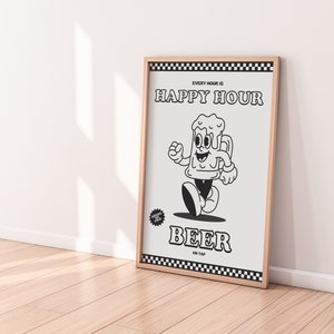Retro Beer Print | Happy Hour, Retro Kitchen Prints, Vintage Print, Dining Room Print, Beer Lover, Bold Wall Art, Beer Poster, Vintage Style