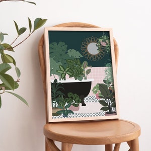 Eclectic Houseplants In Bathtub Print | Bathroom Art, Houseplant Print, Planty Art, Retro Plant Print, Eclectic Decor, Bathroom Decor
