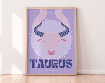 Taurus Zodiac Print | Astrology Prints, Colourful Wall Art, Retro Print, Star Sign, Eclectic Decor