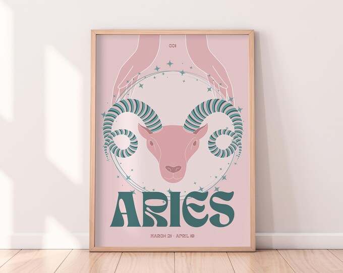 Aries Zodiac Print | Astrology Prints, Colourful Wall Art, Retro Print, Star Sign, Eclectic Decor
