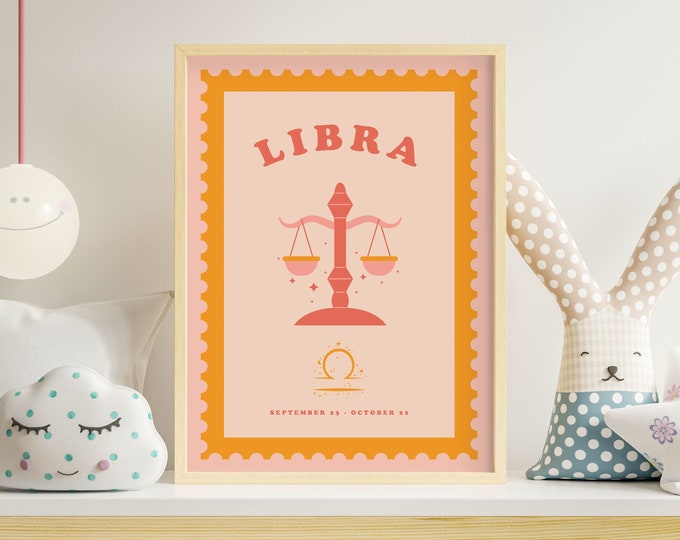 Children's Libra Zodiac Print | Nursery Zodiac Print, Astrology Print, Colourful Wall Art, Retro Print, Children's Star Sign, Nursery Decor