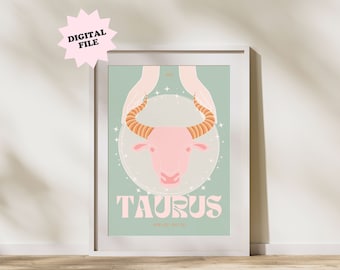 DIGITAL FILE Taurus Print | Astrology Prints, Colourful Wall Art, Star Sign Prints, Retro Print, Star Sign, Eclectic Decor, Digital Download