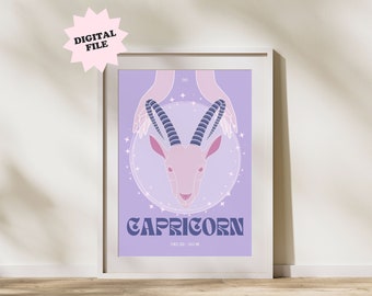 DIGITAL FILE Capricorn Print | Astrology Prints, Colourful Wall Art, Retro Print, Star Sign, Eclectic Decor, Digital Download