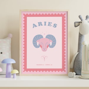 Barnstjärnteckentryck med Väduren | Stjärnteckentryck för barnrum, astrologitryck, färgglad väggkonst, retrotryck, stjärntecken för barn, barnrumsdekor