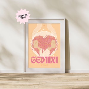 DIGITAL FILE Gemini Print | Astrology Prints, Colourful Wall Art, Retro Print, Star Sign, Eclectic Decor, Digital Download