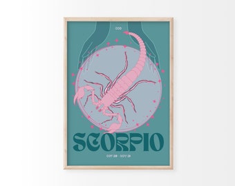 Scorpio Zodiac Print | Astrology Prints, Colourful Wall Art, Retro Print, Star Sign, Eclectic Decor