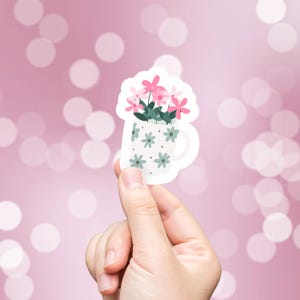Cute Flowers In Cup Waterproof Sticker | Floral Sticker, Decal, Waterbottle Sticker, Waterproof Decal, Vinyl Sticker, Pink Stickers
