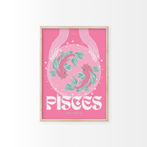 Impression du zodiaque Poissons | Impressions d’astrologie, art mural coloré, impression rétro, signe astrologique, décor éclectique