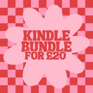 May include: A pink and red checkered background with a light pink flower-shaped graphic. The graphic contains the words "KINDLE BUNDLE FOR £20" in red, retro-style lettering.