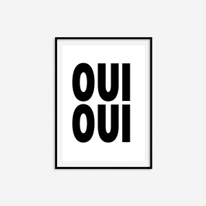 May include: Black and white framed print with the word "OUI" repeated twice in bold, stacked on top of each other.