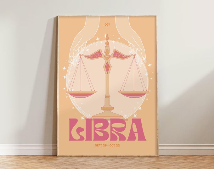 Libra Zodiac Print | Astrology Prints, Colourful Wall Art, Retro Print, Star Sign, Eclectic Decor