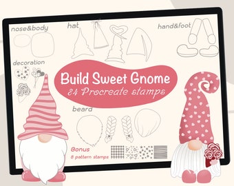 May include: A digital illustration of a pink and white gnome with a striped hat, beard, and a bouquet of flowers. The image includes 24 Procreate stamps for creating a gnome, including body parts, hats, beards, and decorations. The text "Build Sweet Gnome" and "24 Procreate stamps" is included in the image.