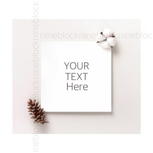 Könnte beinhalten: Eine quadratische weiße Karte mit dem Text "YOUR TEXT Here" wird angezeigt. Eine Baumwollblüte und ein Tannenzapfen sind auf der Karte platziert. Der Hintergrund ist hellgrau.