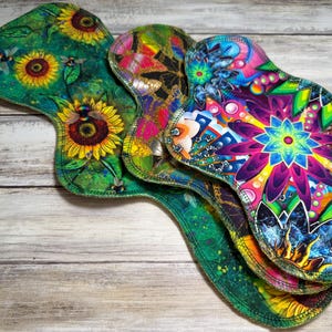 Cloth Pad Starter Set of 3 – 15” Heavy, 11” Regular, 9” Light – Random Prints – Cotton Lycra Topper
