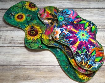 Cloth Pad Starter Set of 3 – 15” Heavy, 11” Regular, 9” Light – Random Prints – Cotton Lycra Topper