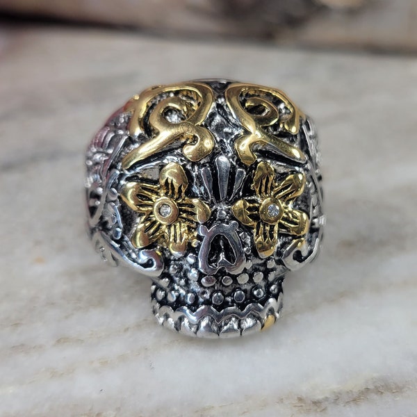 Daisy Eyes Sugar Skull Ring Day of the Dead Stainless Steel with Gold PVD Plating Accents