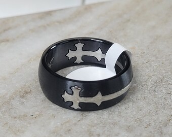Steel Cross Inlay Black Ring Stainless Steel Size 9
