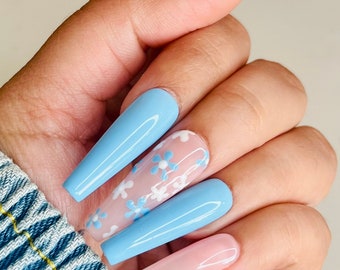 Blue and white French press on nails, gel nails, spring nails, glue on nails
