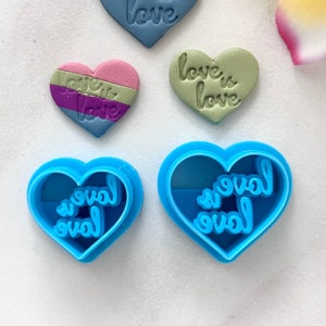 Può includere: Due tagliabiscotti a forma di cuore blu con le parole "love is love" scritte all'interno. Sono mostrati due cuori più piccoli, uno blu e uno verde, con le stesse parole impresse su di essi. Un terzo cuore è rosa e viola con le parole "love is love" impresse su di esso.