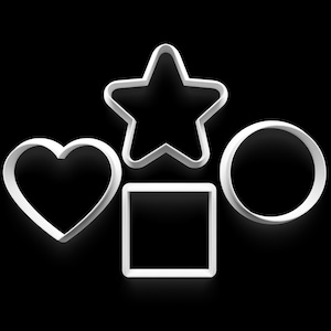 Könnte beinhalten: Vier weiße Ausstecher in Form eines Herzens, Sterns, Quadrats und Kreises. Die Formen sind vor einem schwarzen Hintergrund angeordnet, wobei sich das Herz links, der Stern über dem Quadrat und der Kreis rechts befindet.