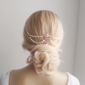 Hair Swag, Wedding Headpiece, Rose Gold Pearl Chain Headpiece, Bridal or Bridesmaids Hair Accessory, Bridal Hair Chain, 1920s Headpiece 62