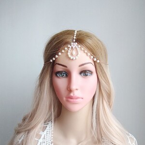 Wedding Hair Jewelry, Bridal Head Chain, CZ Bridal Headpiece, Wedding Headpiece With Swags, Boho Headpiece, 1920 Forehead 56