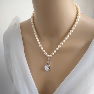 White Pearl Classic Bridal Necklace, Bridal Vintage Necklace, Cz Teardrop Necklace, Dainty Bridal Necklace,1920s wedding jewelry  51