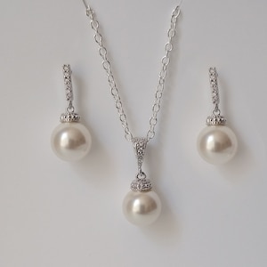 Bridal Simple Necklace/Earring, Classic Pearl Wedding Jewelry, Pearl Drop Necklace/Earring, Dainty Bridal Jewelry, Bridesmaid Set 02