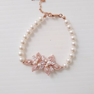 Wedding Bracelet, Silver, White Pearl Bridal Bracelet, Crystal Flower Leaf Bracelet Cuff, Vintage Style Bridal Wedding Jewelry 24