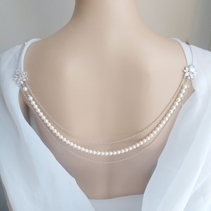 Jóias de pérolas nas costas, colar de drapeado nas costas para casamento, colar de costas para noiva, vestido de noiva sem costas, drapeado de fundo, acessório para vestido 62