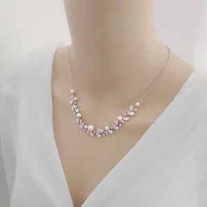Dainty Cz Necklace, Bridal Statement Graduated Pearl Jewelry, Silver Bridal Necklace, Cubic Zirconia Flower Necklace, Gift For Her/ Mom 94