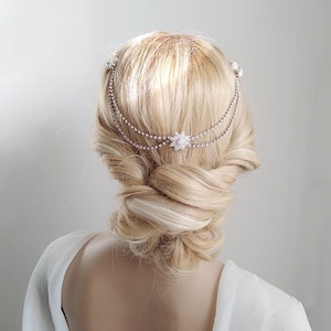 Silver Flower Bridal Headpiece, Wedding Headband,  Silver Rhinestone Chain Draped Headpiece With Swages, Wedding Hair Jewelry 211