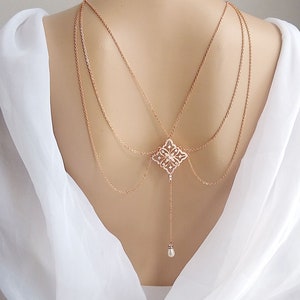 Bridal Rose Gold Backdrop Necklace, Rose Gold Wedding Jewelry for Bride, Cubic Zirconia Teardrop Necklace, Dainty Bridal Jewelry  31