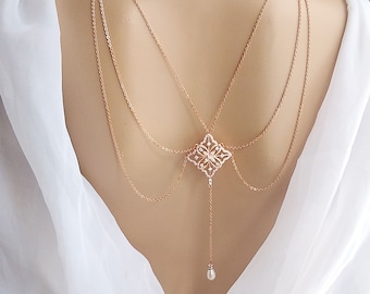 Bridal Rose Gold Backdrop Necklace, Rose Gold Wedding Jewelry for Bride, Cubic Zirconia Teardrop Necklace, Dainty Bridal Jewelry  31