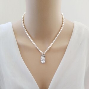 Simple Bridal jewelry, White Swarovski Pearl/ Cubic Zirconia Necklace, Vintage Style Bridal Jewelry, Lariat Necklace,  055