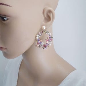 Circle Flower Earrings, Bridal Floral Earrings, Pearl/Cubic Zirconia Earrings, Wedding Earrings, Colorful Crystal Wedding Earrings  58