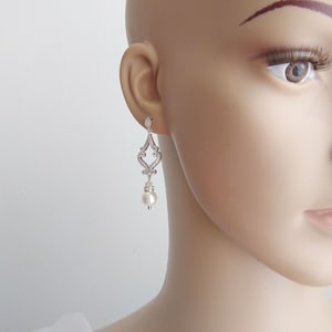 Bridal Simple Earring ,Bridal Rose Gold/Silver Earring, CZ /Pearl Earring, Long Drop Earring, Dainty Bridal Jewelry, Bridesmaid jewelry 104