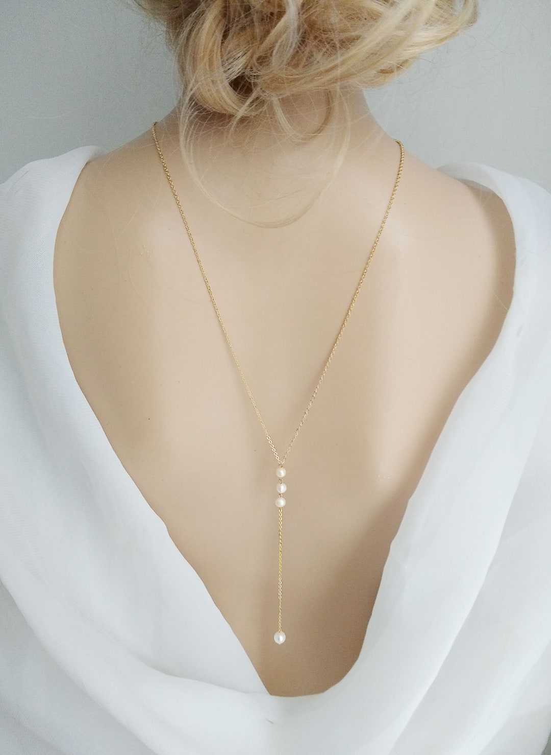 Thin Gold Backdrop Bridal Necklace, Bridal Back Necklace, Pearl Back ...
