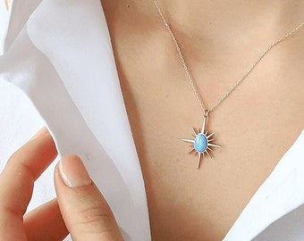 925 Sterling Silver Opal Pole Star Necklace, Opal Polaris Necklace, North Star Necklace, Blue Opal Pole Star, Mothers Day Gift, Womens Day