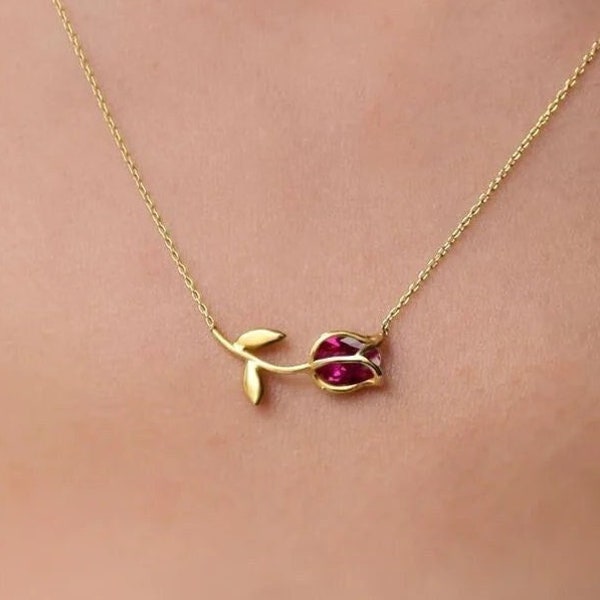 Silver Ruby Tulip Necklace • Dainty Tulip Necklace for Everyday Wear • Birthstone Tulip Necklace • Perfect Gift for Her • Mothers Day Gift
