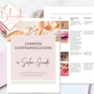 Pode incluir: Um documento rosa e branco intitulado "Common Contraindications a Salon Guide" com texto e imagens. O documento inclui uma lista de problemas de saúde e as melhores práticas para fornecer ou recusar o serviço. Lápis rosa e um caderno rosa na imagem.