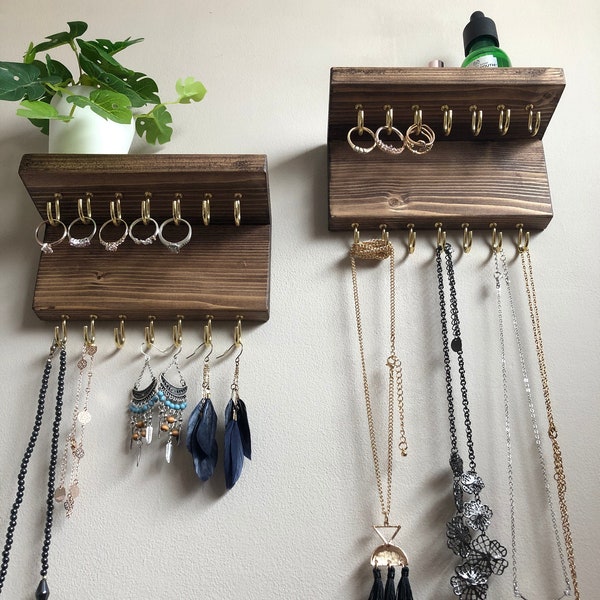 Dark Walnut Wall Mount Jewelry Organizer with Shelf - Handmade
