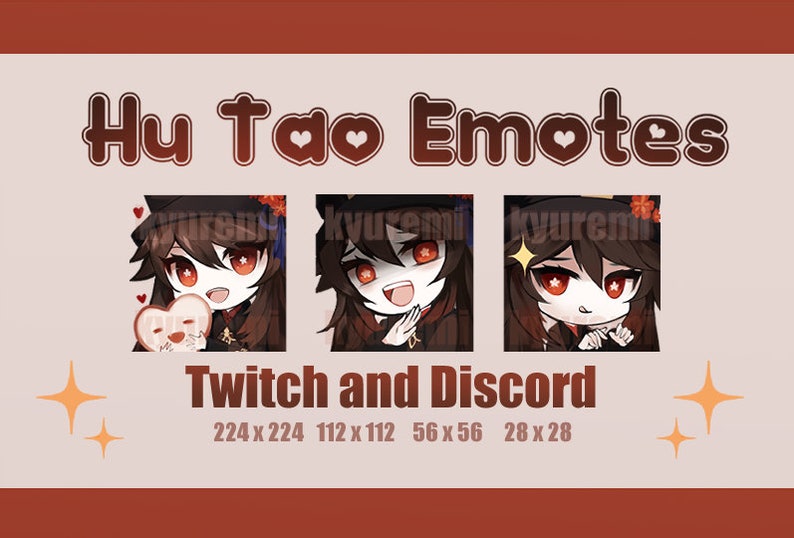 May include: A graphic showcasing three Hu Tao emotes with varied expressions. The text "Hu Tao Emotes" is displayed, with "Twitch and Discord" underneath. Sizes are listed: 224x224, 112x112, 56x56, and 28x28. The background is a mix of brown and beige.