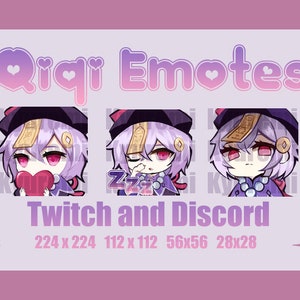May include: Four purple and white anime character emotes with different expressions. The emotes are labelled "Qiqi Emotes" and "Twitch and Discord". The emotes are available in four sizes: 224x224, 112x112, 56x56, and 28x28.