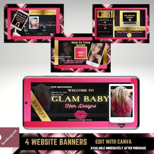 May include: Four website banners for Glam Baby Hair Designs. The banners feature pink and black color schemes with gold accents. The text on the banners includes "Glam Baby Hair Designs", "Welcome to Glam Baby Hair Designs", "Send Us Your Selfies", and "Appointments Now Available".