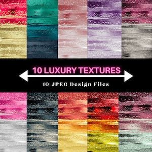 Könnte beinhalten: Zehn digitale Texturen mit einem glitzernden, metallischen Look. Die Texturen sind in verschiedenen Farben, darunter Rot, Gold, Rosa, Türkis, Lila und Silber. Der Text "10 LUXURY TEXTURES" und "10 JPEG Design Files" wird in Neonrosa angezeigt.