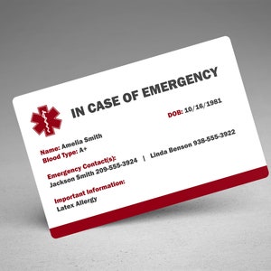 En caso de tarjeta de emergencia para billetera, tarjeta I.C.E., tarjeta de emergencia, alerta médica, tarjeta de alerta médica, contacto de emergencia